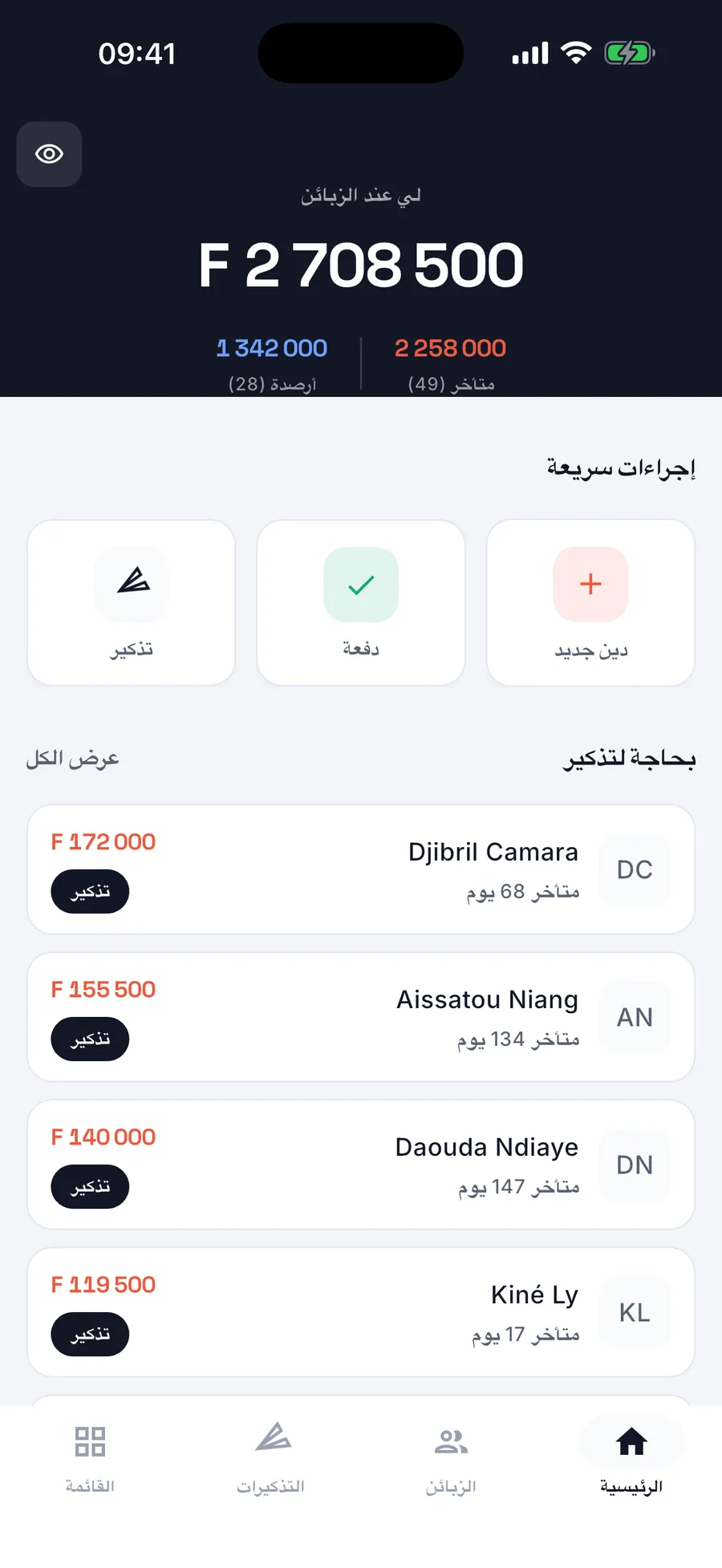 كارنيت — لوحة المتابعة: إجمالي المستحق والزبائن الواجب تذكيرهم