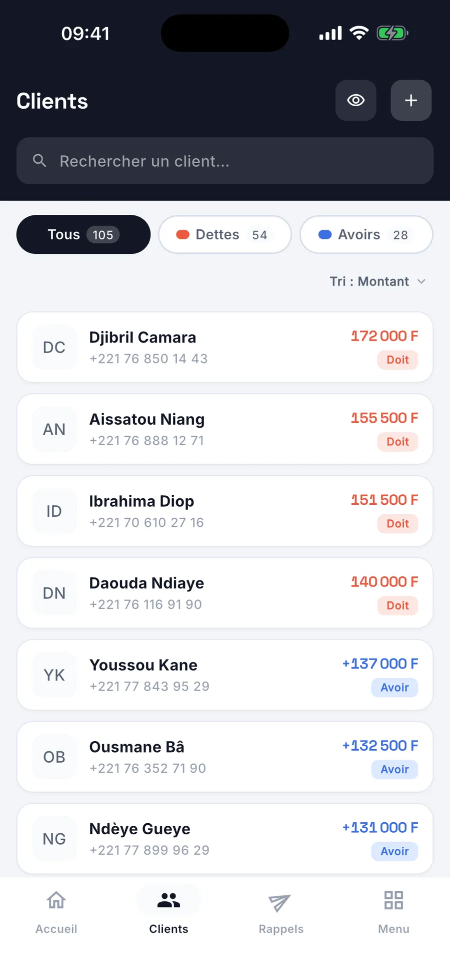 Karnet — liste des clients avec leurs soldes